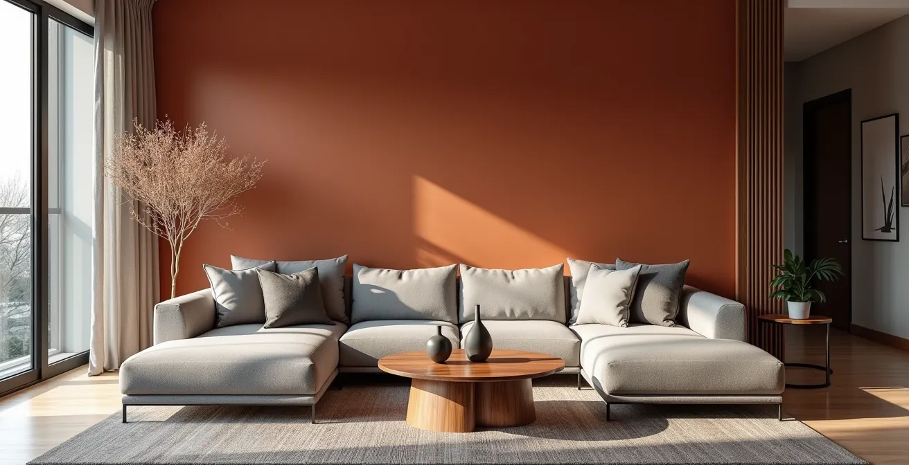 Salon avec mur d'accent terracotta derrière un canapé gris créant une profondeur visuelle dans un condo canadien