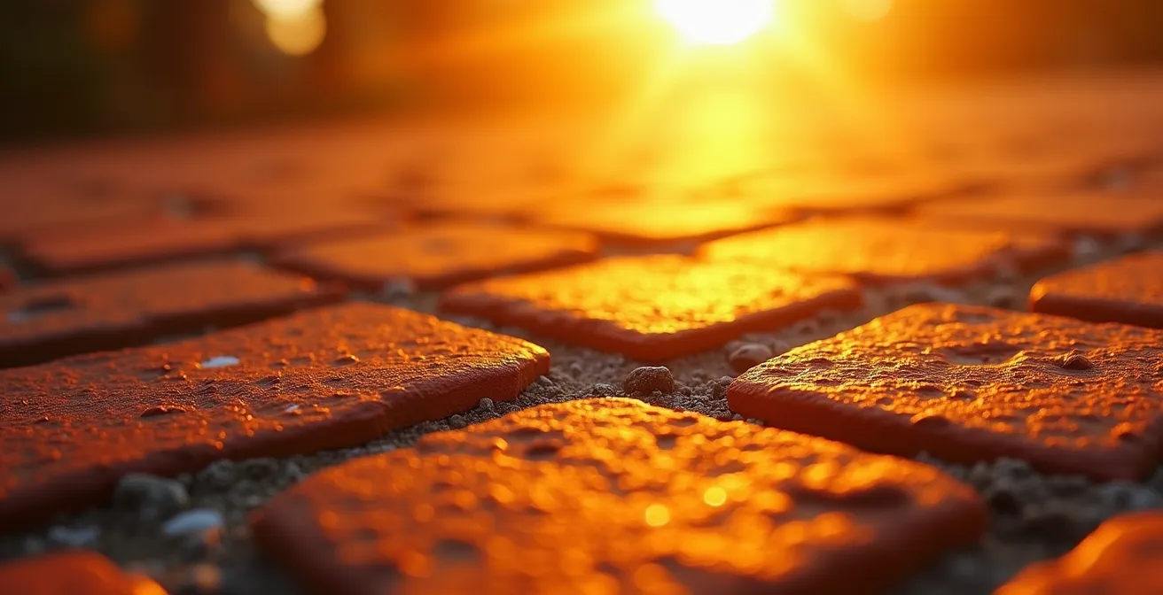 Mur de briques exposé au soleil d'hiver créant un effet de masse thermique dans un intérieur canadien