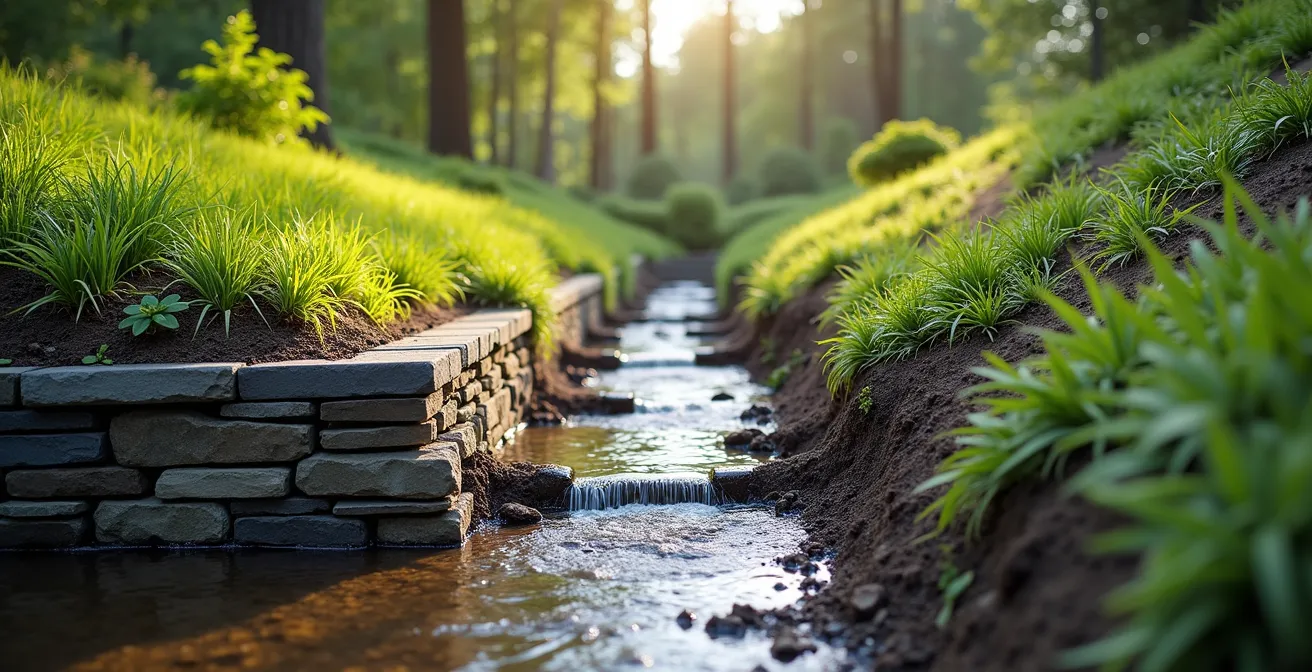 Comparaison visuelle entre un muret de soutènement en pierre et un talus végétalisé sur terrain en pente canadien