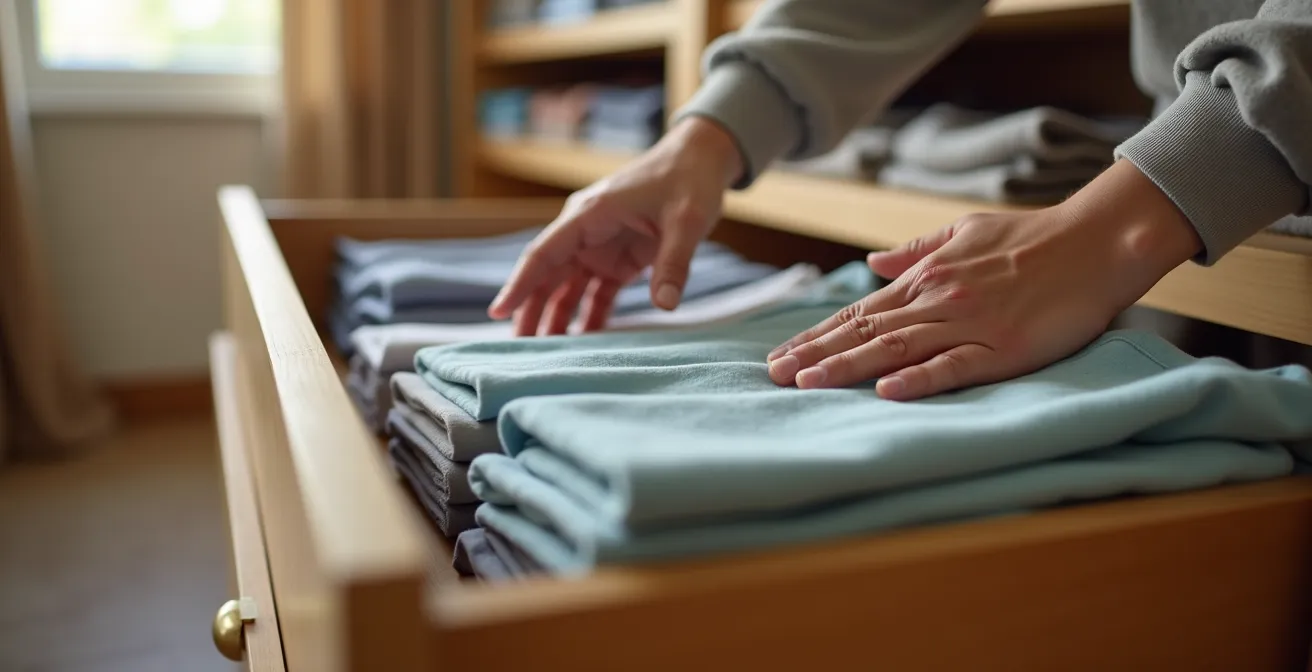 Vue intérieure d'une armoire organisée avec la méthode de pliage vertical et étagères ajustées sur mesure