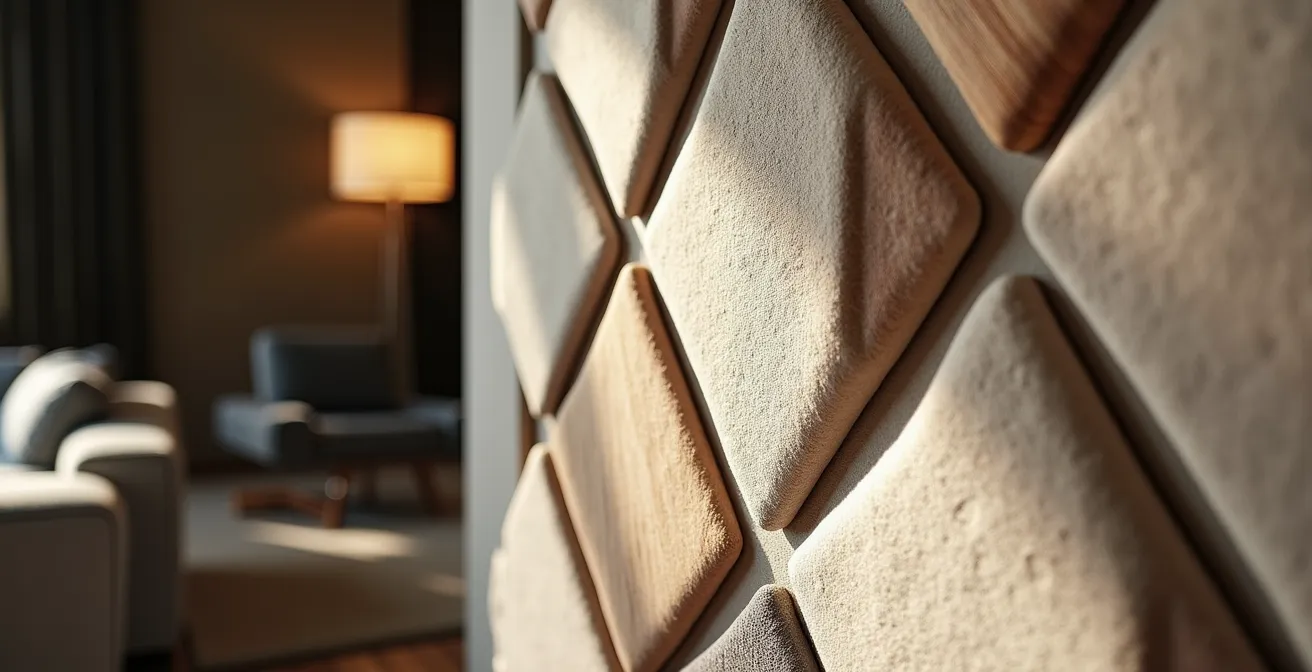 Panneaux acoustiques décoratifs intégrés dans un salon contemporain