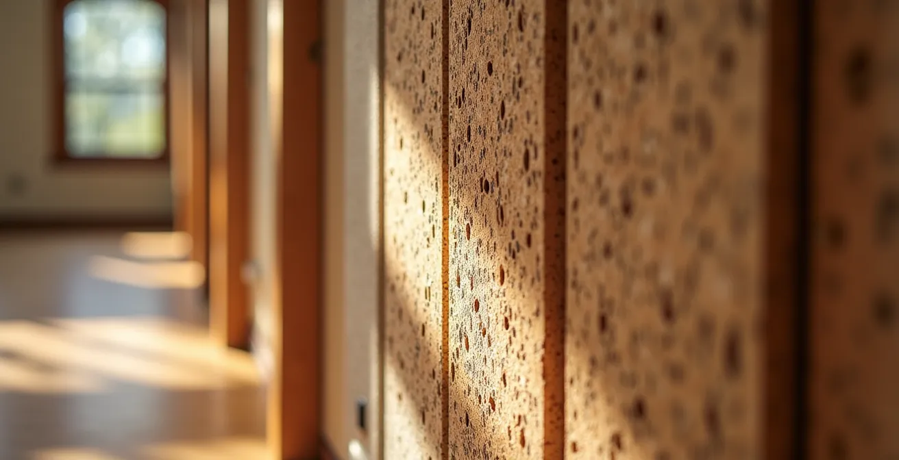 Panneaux acoustiques décoratifs installés sur un mur de sous-sol pour absorption sonore