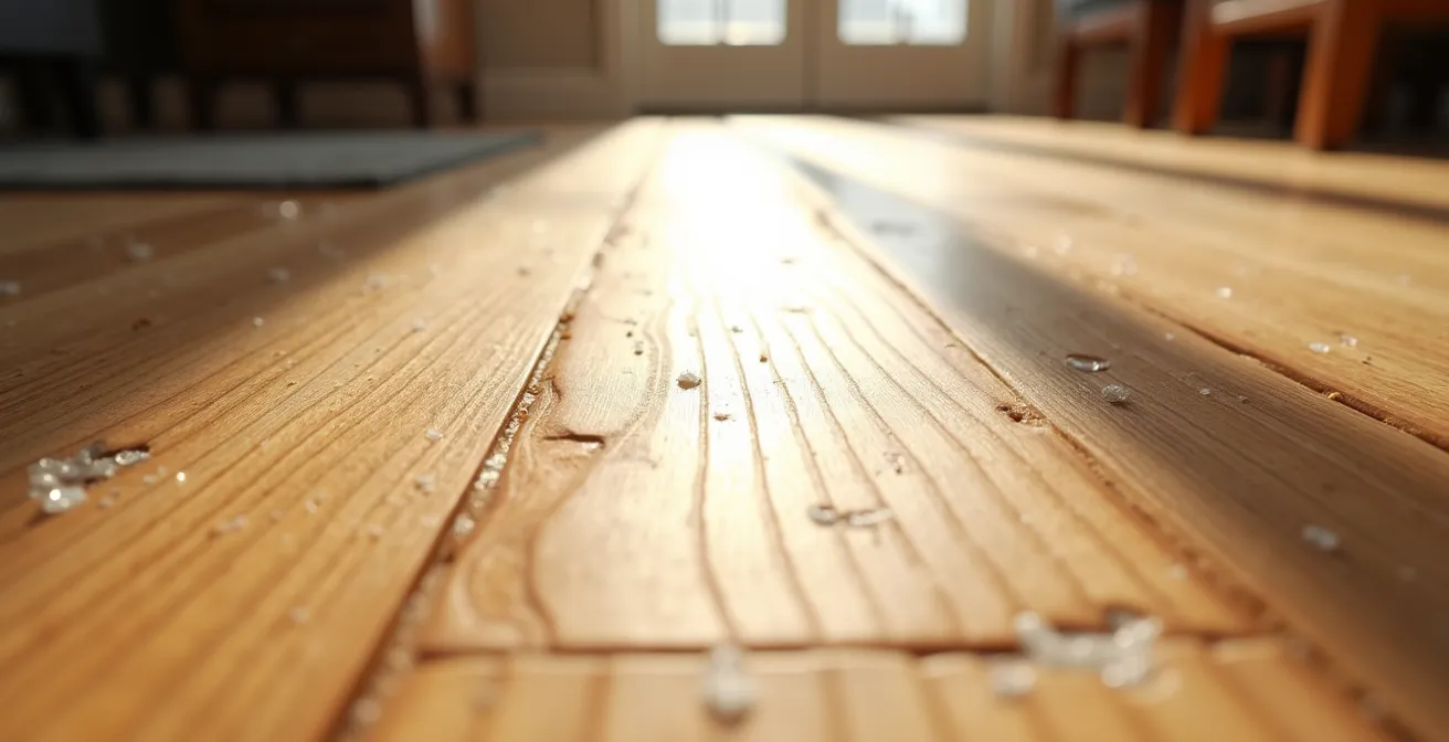 Vue en angle d'un plancher d'érable canadien traversant plusieurs pièces sans interruption