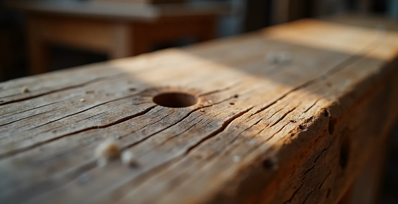 Gros plan sur une poutre de bois centenaire traitée à l'huile naturelle
