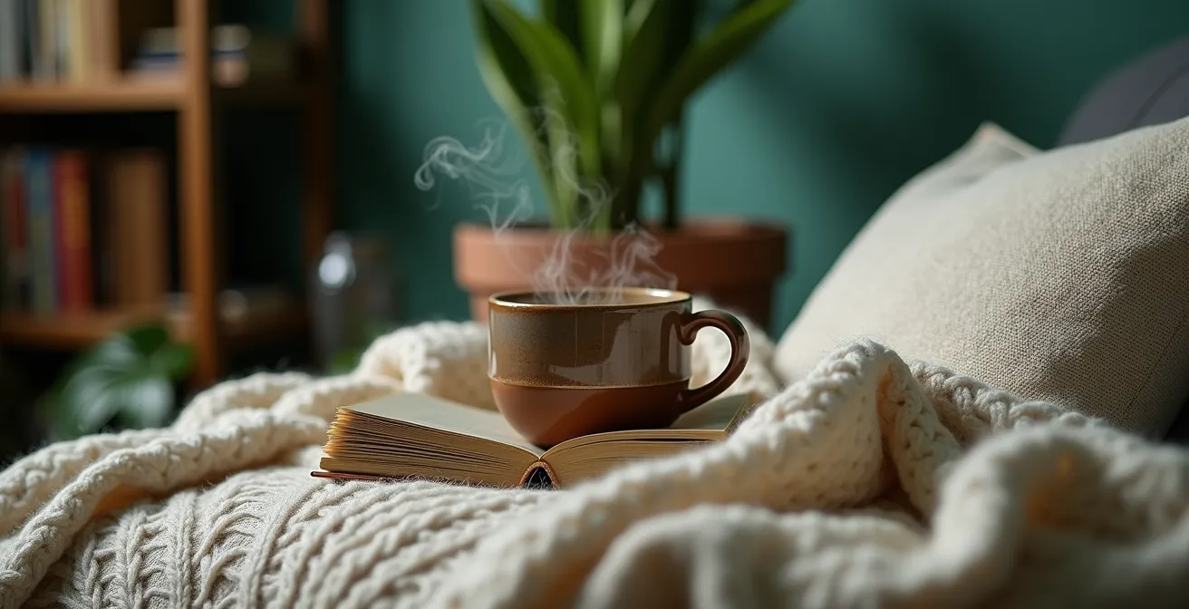 Recoin transformé en niche de lecture avec murs vert forêt et plantes vertes