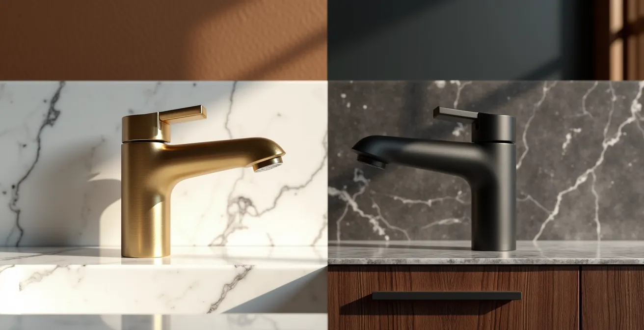 Composition élégante mélangeant robinetterie or brossé et poignées noir mat dans un environnement marbre et noyer