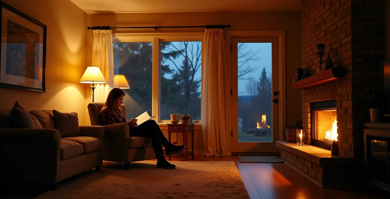 Salon avec plafonnier central, lampe de lecture et éclairage d'accentuation créant des zones lumineuses distinctes