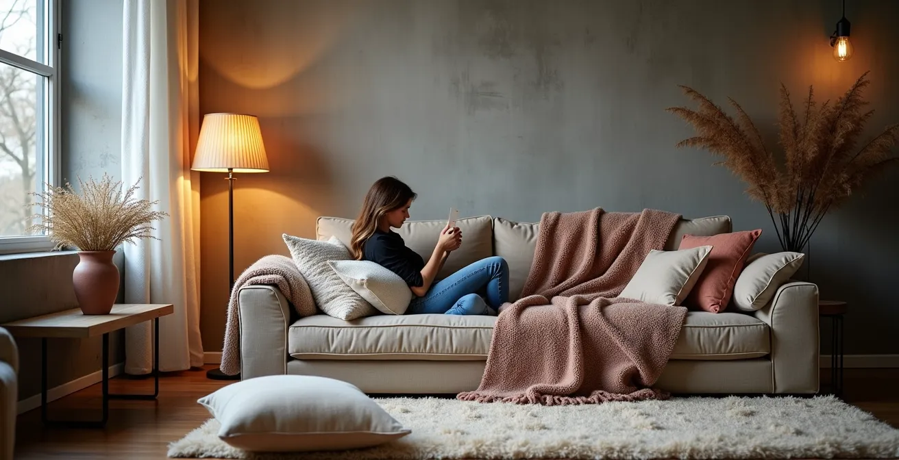 Salon canadien avec superposition de textiles chaleureux contre mur de béton