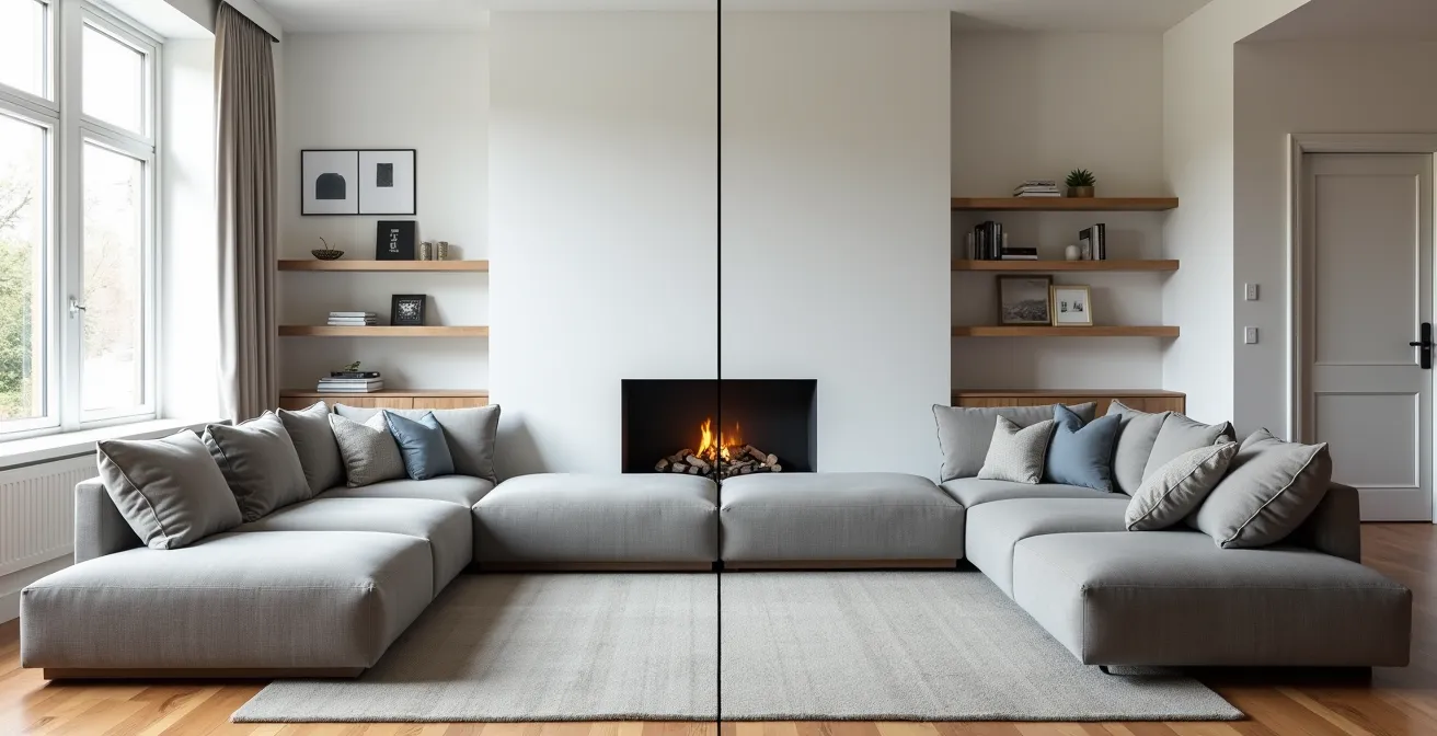 Salon canadien avec sectionnel modulaire montrant deux configurations possibles de la chaise longue