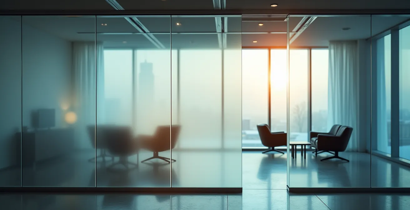 Paroi coulissante en verre dépoli séparant deux espaces tout en laissant passer la lumière naturelle