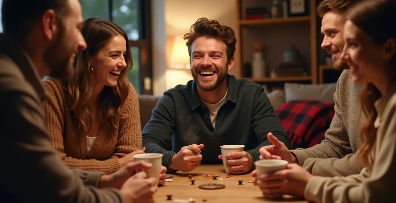 Groupe d'amis jouant aux jeux de société dans un salon chaleureux