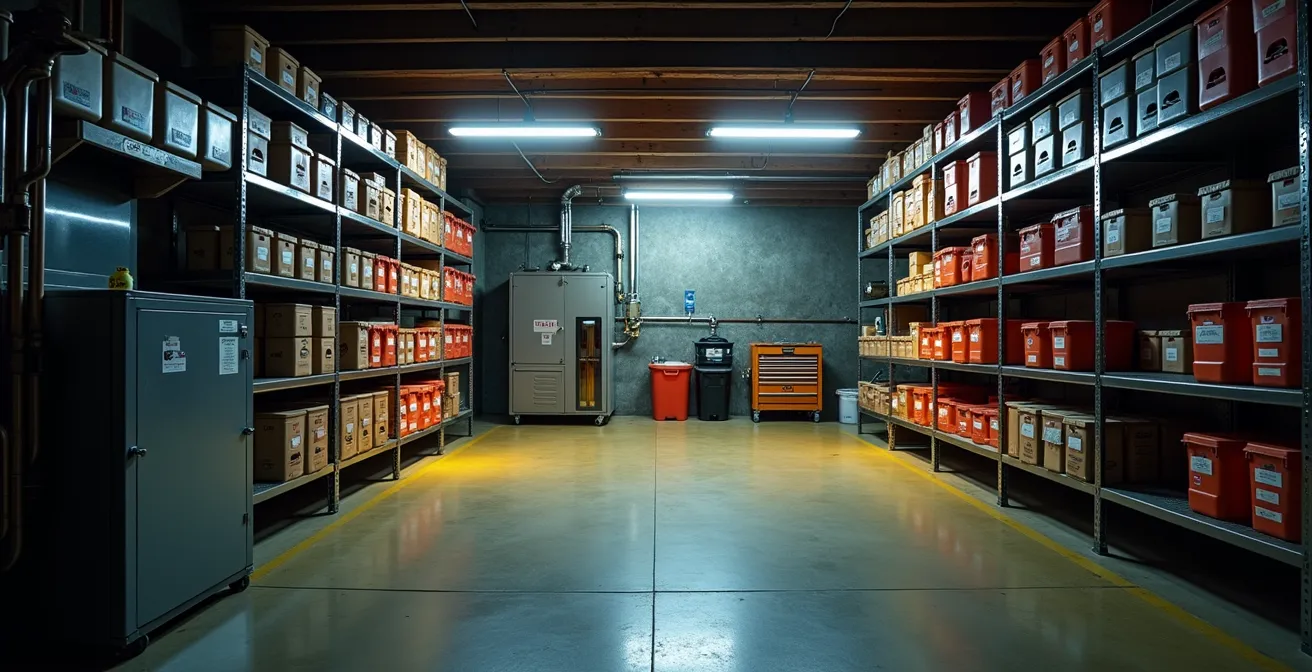 Sous-sol de maison canadienne montrant le rangement approprié des produits ménagers loin de la fournaise