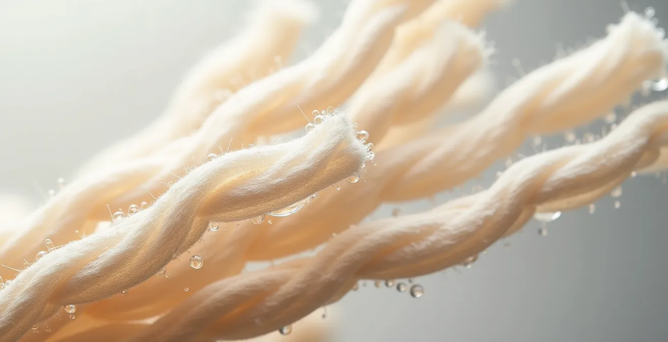 Vue macro de la structure en coupe d'une fibre de lin montrant les cavités d'air qui permettent la thermorégulation