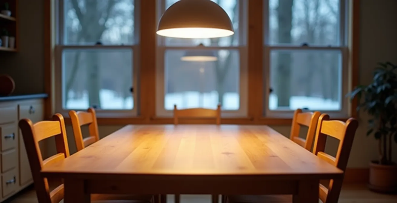 Salle à manger montrant une suspension parfaitement positionnée au-dessus de la table avec indication visuelle de la hauteur