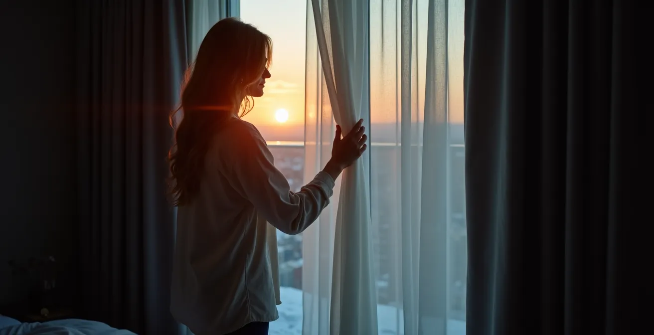 Système de double tringle avec rideaux opaques et voilage pour une ambiance d'hôtel de luxe