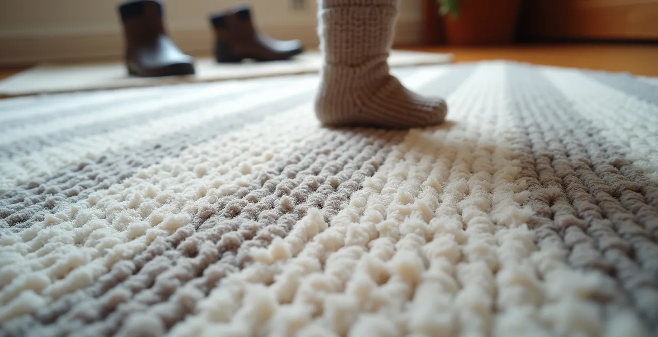 Gros plan sur un tapis moderne aux motifs géométriques dans un salon canadien avec traces de neige séchée