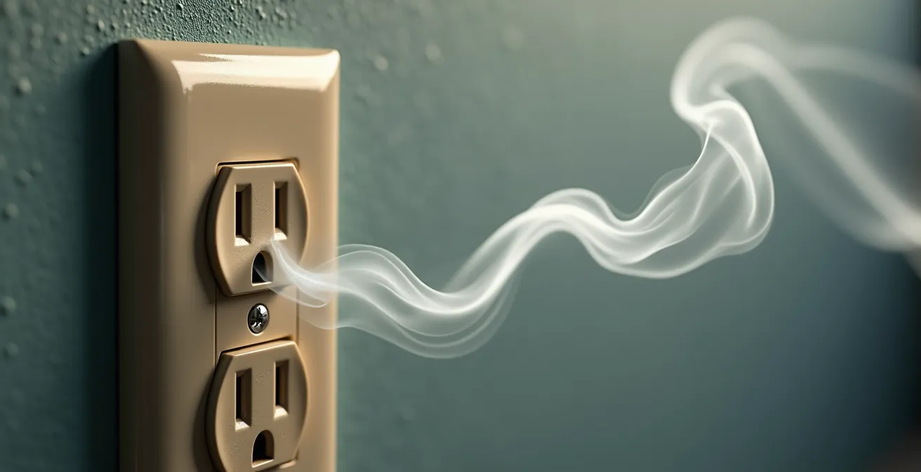 Gros plan d'une main tenant un bâtonnet de fumée près d'une prise électrique murale révélant une fuite d'air