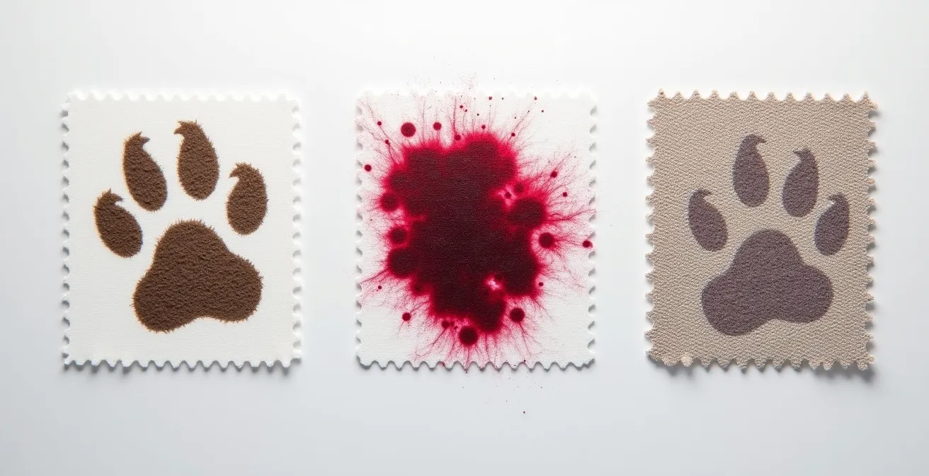 Comparaison macro de trois échantillons de tissus avec traces de pattes et taches, montrant différents niveaux de résistance