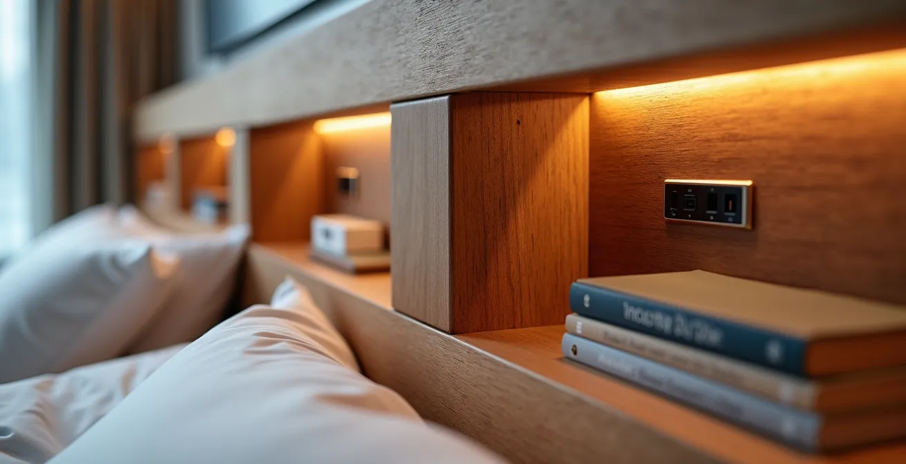 Tête de lit menuisée sur mesure avec rangements intégrés et prises électriques dissimulées