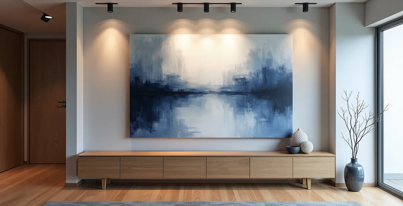 Grande toile abstraite aux tons de gris-bleu du Saint-Laurent sur mur de salon contemporain