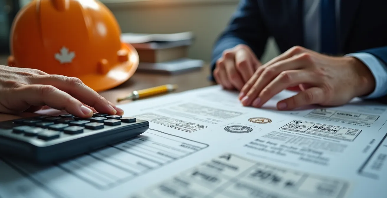 Gros plan sur des mains examinant des documents de licence et d'assurance d'entrepreneur sur un bureau