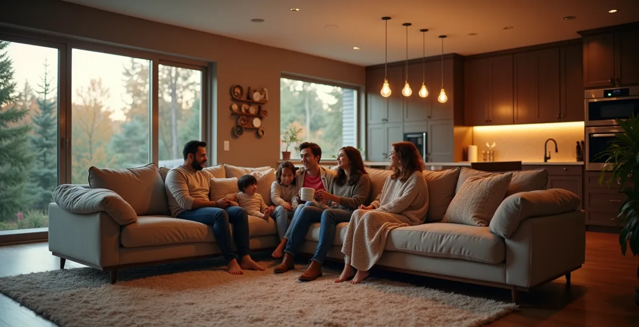 Salon canadien moderne montrant le zonage visuel par tapis et éclairage suspendu au-dessus d'un sectionnel