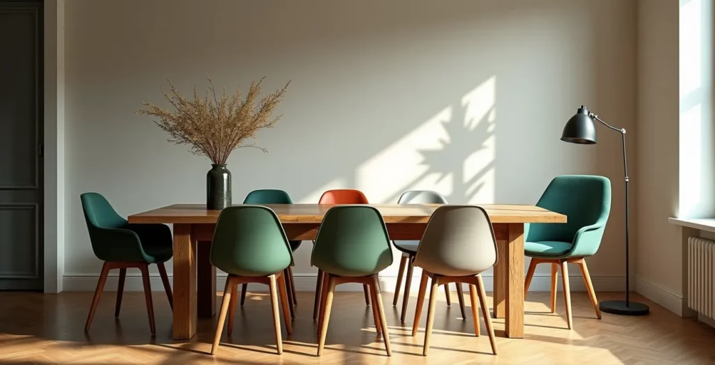 Ensemble de six chaises dépareillées mais harmonieuses autour d'une table en bois, unifiées par une palette de couleurs inspirée des paysages canadiens
